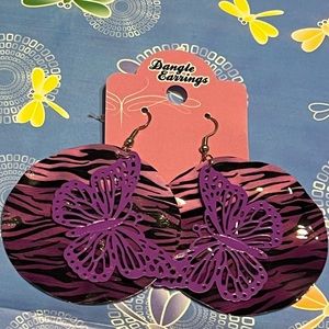 New NoveltyInc Purple Black Butterfly Layered Leopard Metal Dangle Earrings